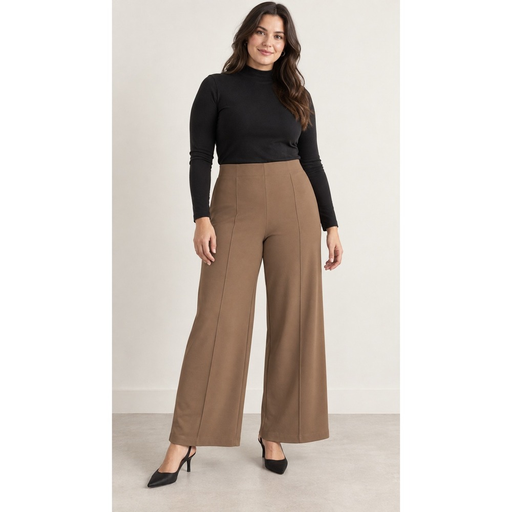Quince Wide Leg Ponte Pants L Camel Tan Pintuck Seam High Rise Side Zip Trousers
